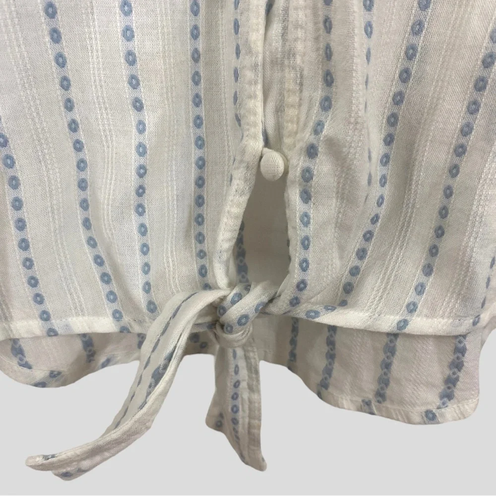 Paige White + Blue Embroidered Tie Waist Tassel Detail Cropped Shirt Size XS
